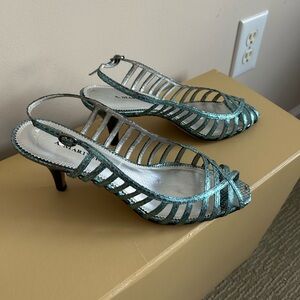 A. Marinelli Silver and Teal Strappy Heels